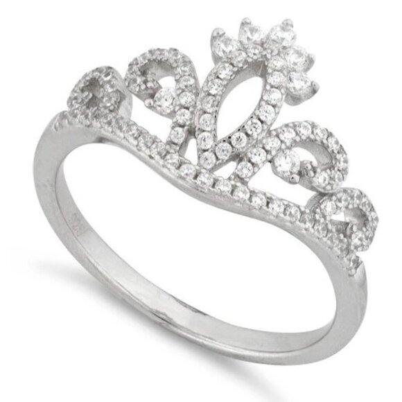 925 STERLING SILVER Princess Crown Cubic Zirconia Ring - Picture 11 of 14